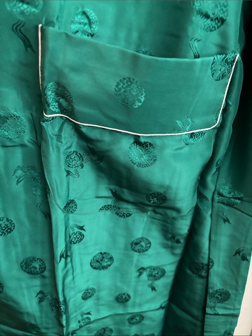 HEALTH Sz L 100% Silk Emerald Green Fabric Jacquard Motif Patch Pockets NEW - Picture 5 of 9